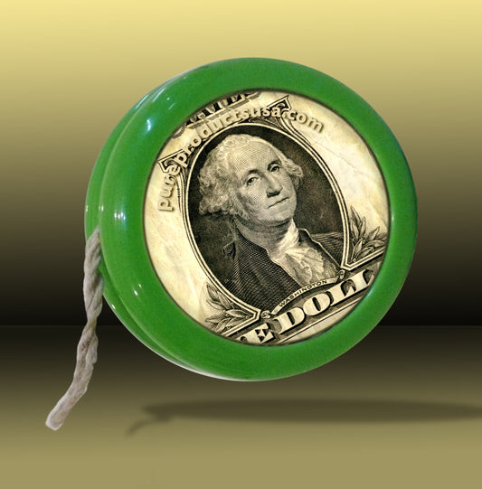 Ligorano Reese's Dough-yo. Custom Duncan yo-yo with U.S. one dollar bill is on the front and back. From Pure Products USA.